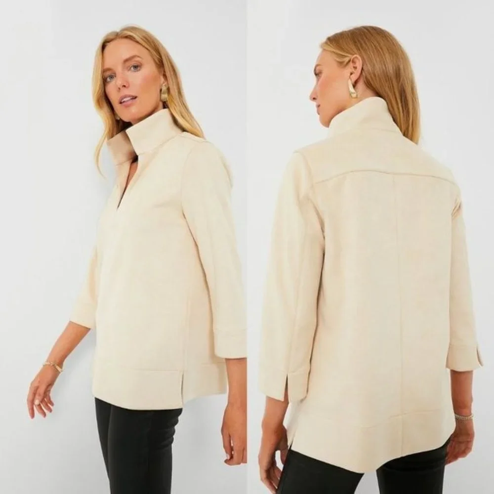 Tuckernuck NEW Bone Ivory Faux Suede Margot Collared 3/4 Sleeve Top Size M - Picture 2 of 10